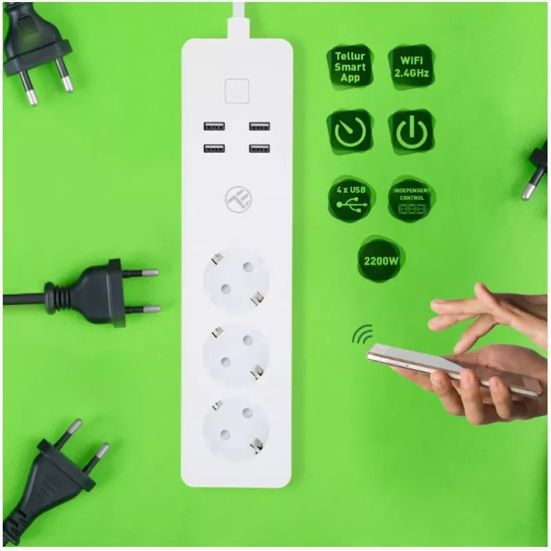 Tellur WiFi inteligentná zásuvková lišta so 3 AC zásuvkami a 4 USB portmi (4A)