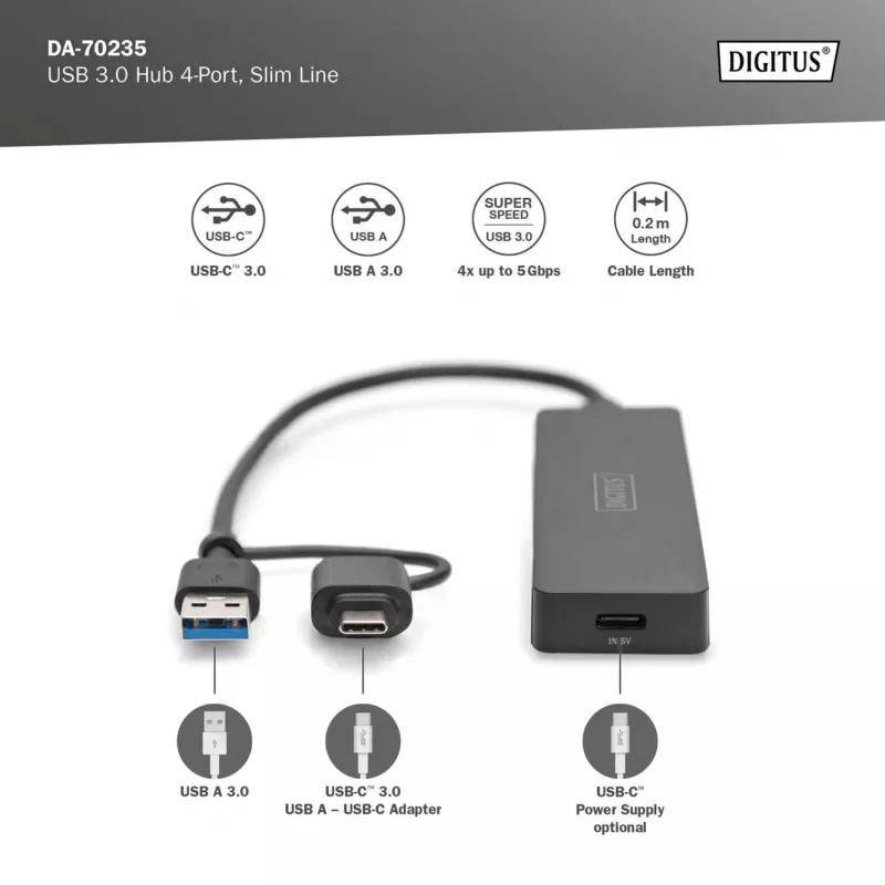 USB hub, Digitus, DA-70235, 4-portový, USB 3.2 Gen 1, Type-A a Type-C, 12000 Mbit/s