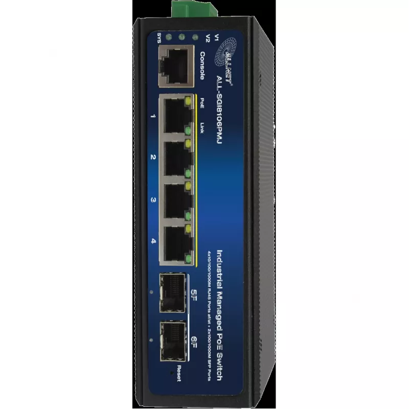 Priemyselný PoE switch ALLNET ALL-SGI8106PMJ-BT — 6-portový (4 PoE+), robustné kovové puzdro