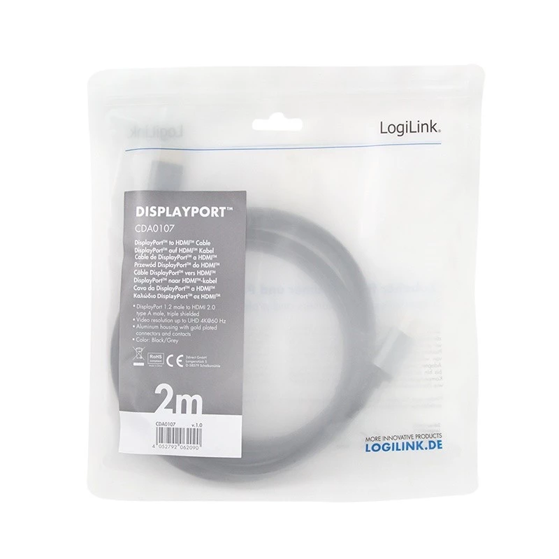 LogiLink CDA0107 videokáblový adaptér 2 m DisplayPort HDMI čierny sivý