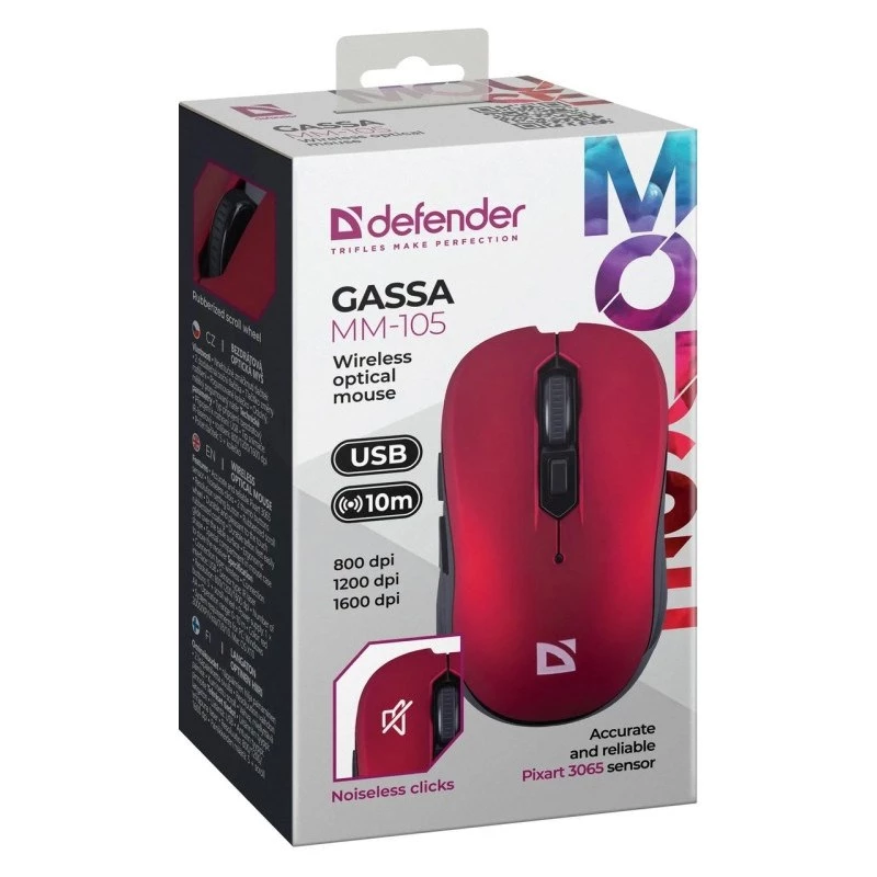 Bezdrôtová RF tichá myš DEFENDER Gassa MM-105 — obojručná, 1600 DPI, 2,4 GHz, nano USB prijímač