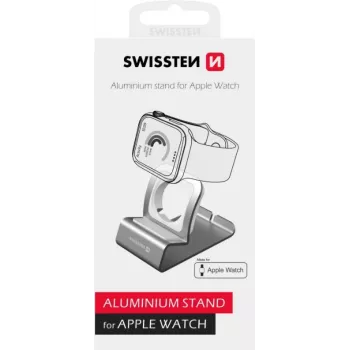 Hliníkový stojan SWISSTEN 25005100 pre Apple Watch — kompatibilný držiak na nabíjanie, strieborný