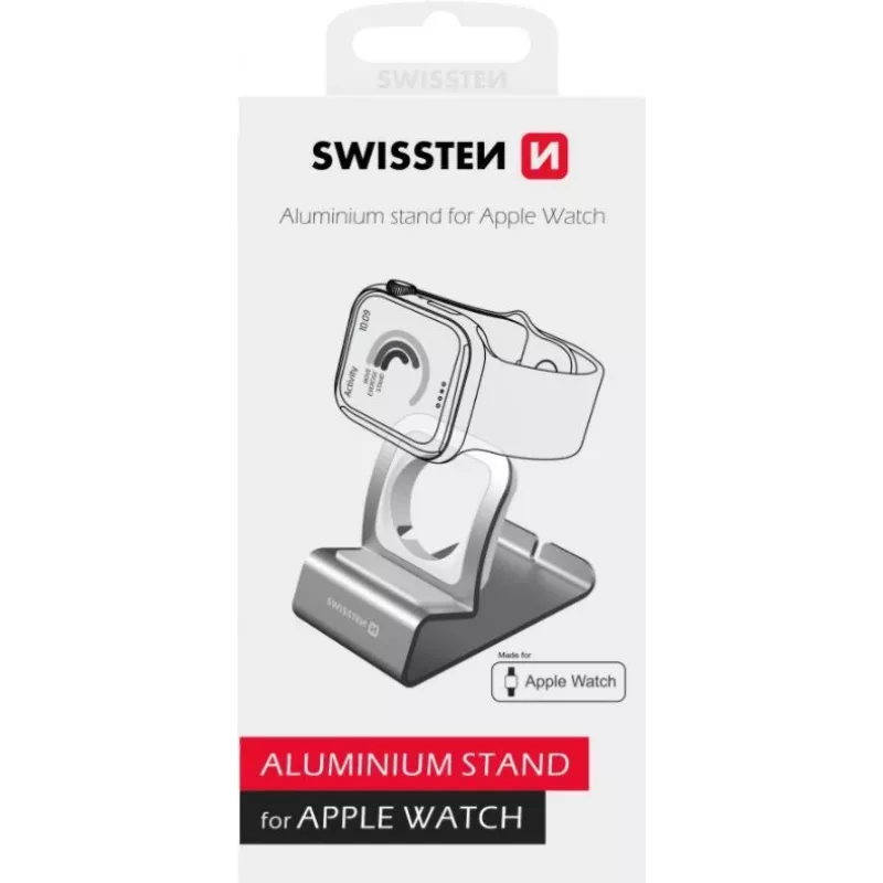 Hliníkový stojan SWISSTEN 25005100 pre Apple Watch — kompatibilný držiak na nabíjanie, strieborný