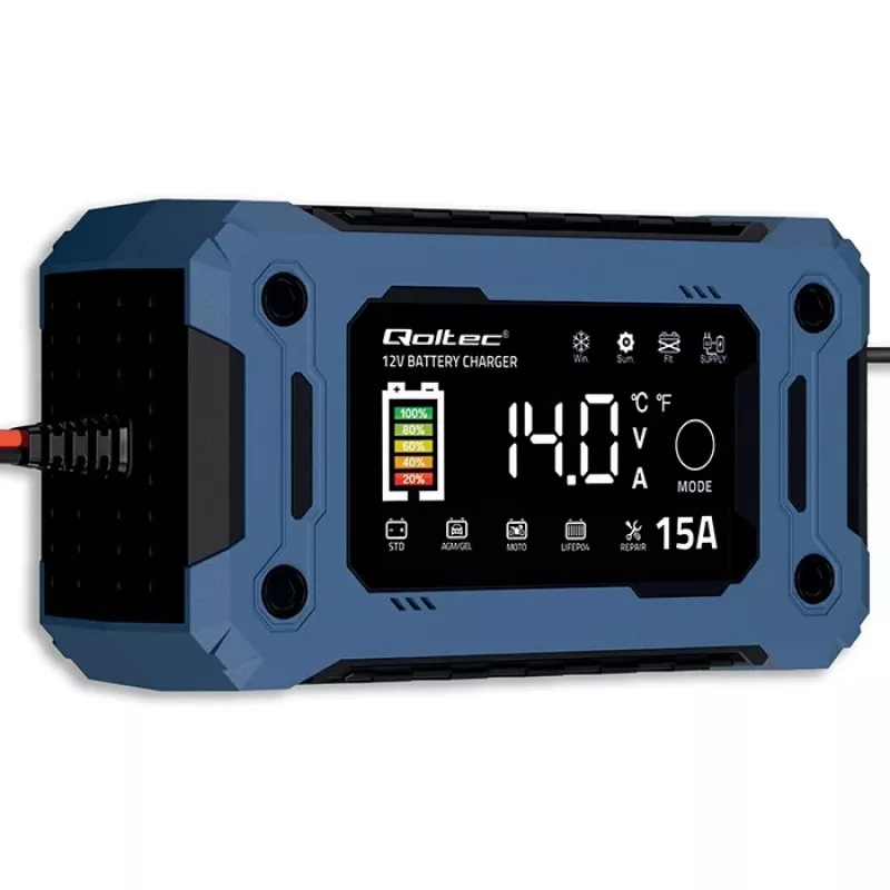 Inteligentná 12V 15A nabíjačka QOLTEC s mikroprocesorom a LCD — pre AGM, GEL, SLA, EFB, LiFePO4 batérie