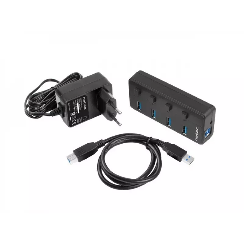 Natec Mantis 2 NHU-1557 4-portový rozbočovač USB 3.0, vstup USB Type-B, vypínače zapnúť/vypnúť, sieťový adaptér, čierny