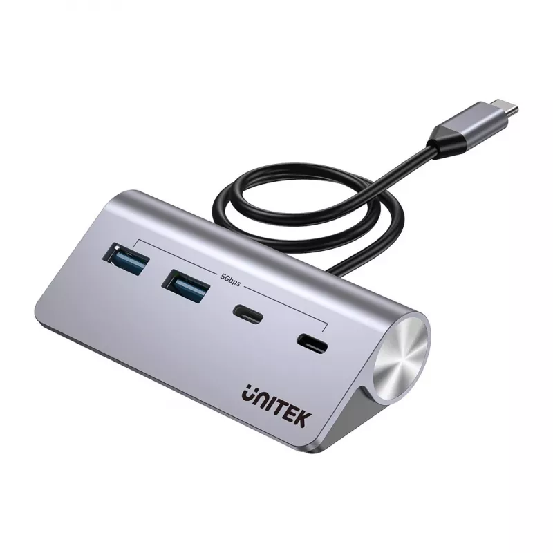 USB hub Unitek H1337AGY01 – 4 porty (2×USB-C, 2×USB-A), až do 5 Gbit/s na port, hliník, strieborný