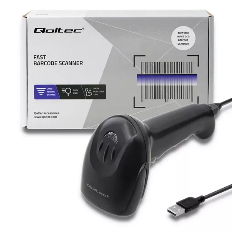 Laserová čítačka čiarových kódov 1D CCD Qoltec 50866, USB, čierna