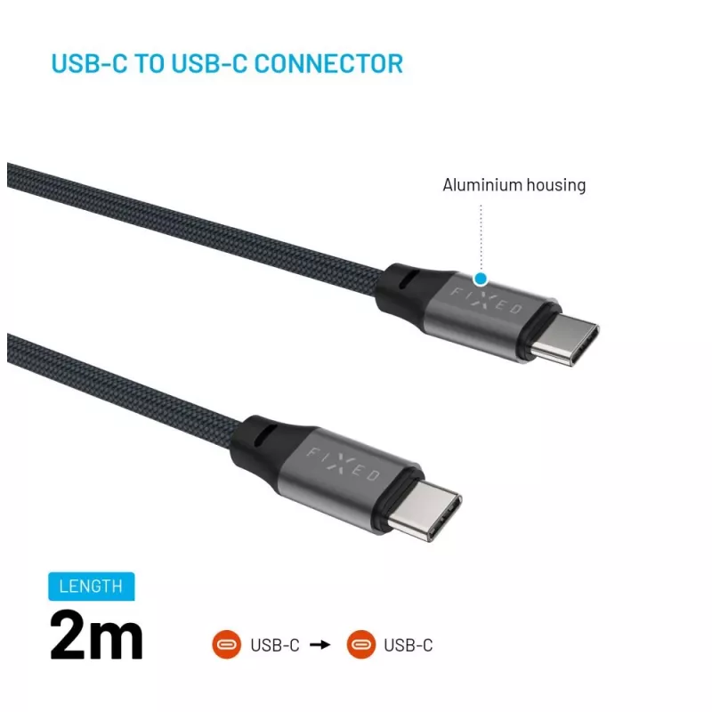 Magnetický pletený USB-C na USB-C kábel FIXED FIXDBM-CC2-GR, USB 2.0, pletený plášť, pevná dĺžka, sivý
