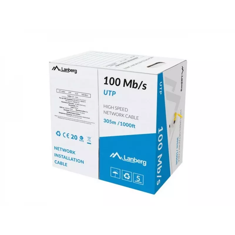 LANBERG sieťový kábel LCU5-10CC-0305-Y U/UTP Cat5e 305 m, 24 AWG CCA, žltý