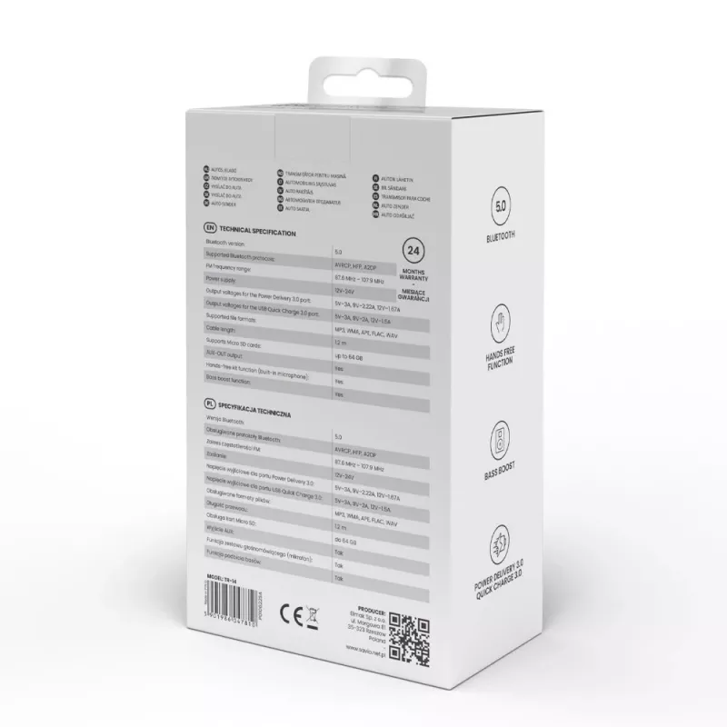 FM vysielač SAVIO TR-14 Bluetooth USB, FM 87,6–107,9 MHz, MicroSD, USB-C, 12 V napájanie z auta