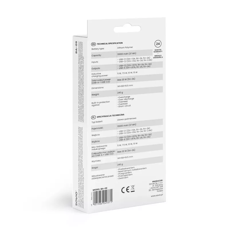 Bezdrôtová powerbanka Savio BA-09, 10000 mAh, čierna
