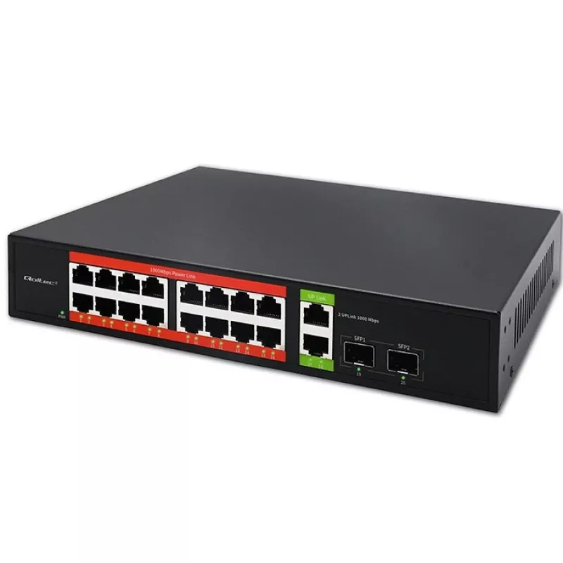 Sieťový switch QOLTEC 52292 — Gigabit Ethernet PoE, 16x RJ45, 2x RJ45 uplink, 2x SFP