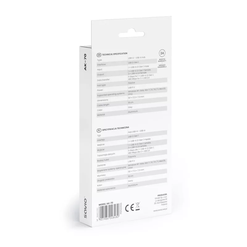 Savio AK-70 rozbočovač USB-A, 4 v 1: 3 x USB-A 2.0 + 1 x USB-A 3.1 Gen 1, 5 Gbps