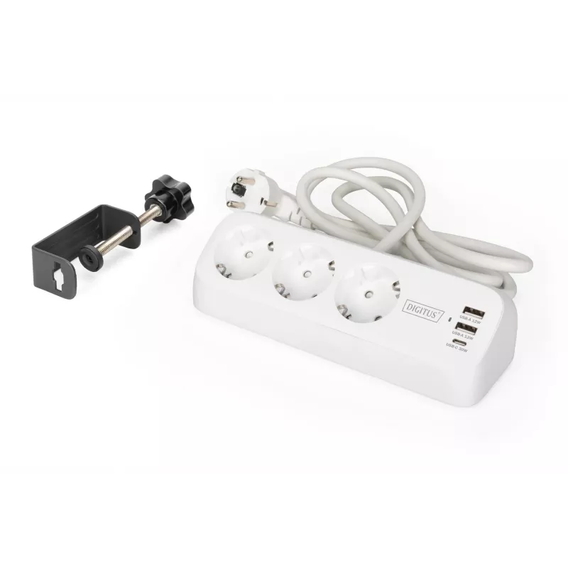 Predlžovacia zásuvka DIGITUS 3-násobná s 2×USB-A a 1×USB-C, 3 AC zásuvky typ E/F, 1,5 m kábel, biela