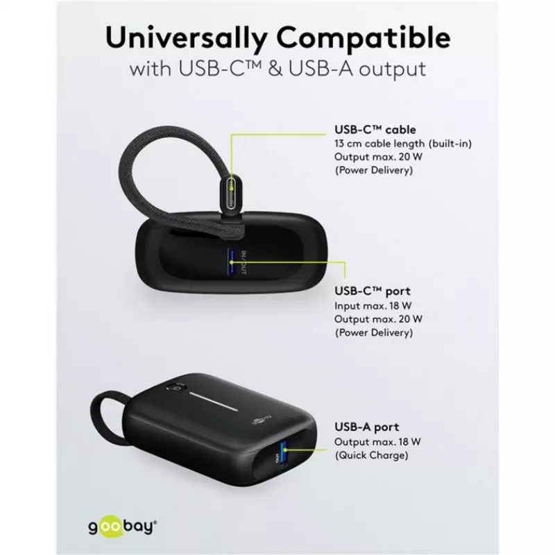 Prenosná powerbank Goobay 10 000 mAh s integrovaným USB-C káblom – 20 W kompaktná na cesty (76251)