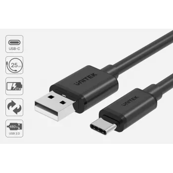 USB-A na USB-C kábel Unitek C14068BK, 2 m, USB 2.0, čierny, konektor-konektor