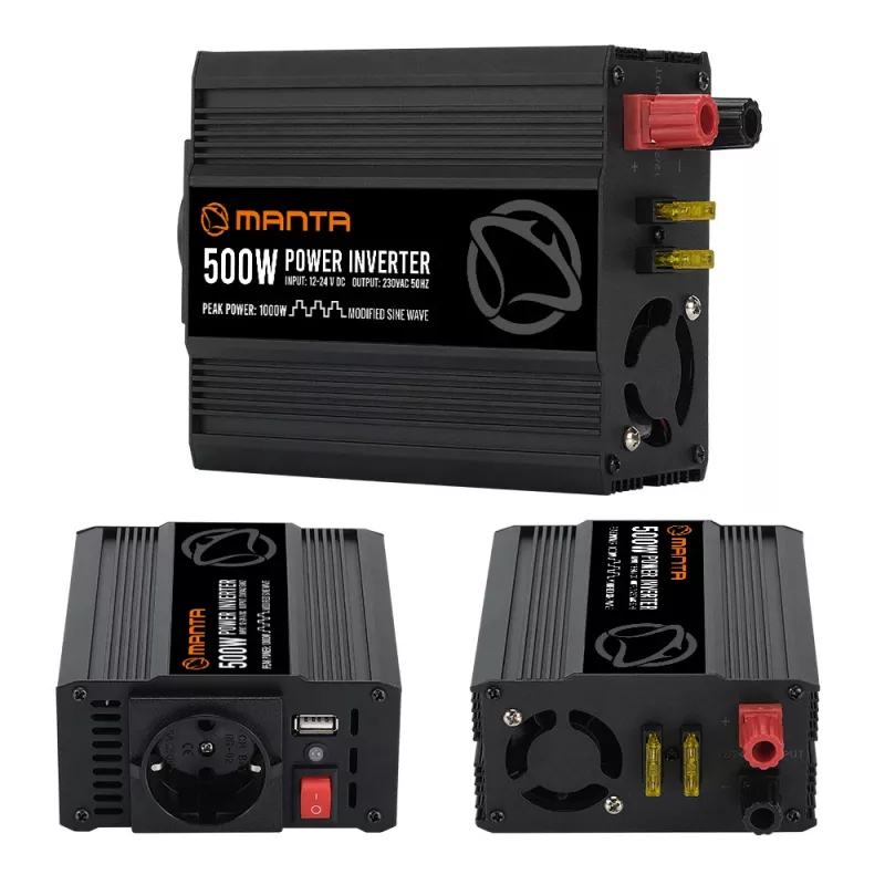 Napäťový menič MANTA MPI500M 500W trvalý výkon / 1000W špičkový výkon DC na AC