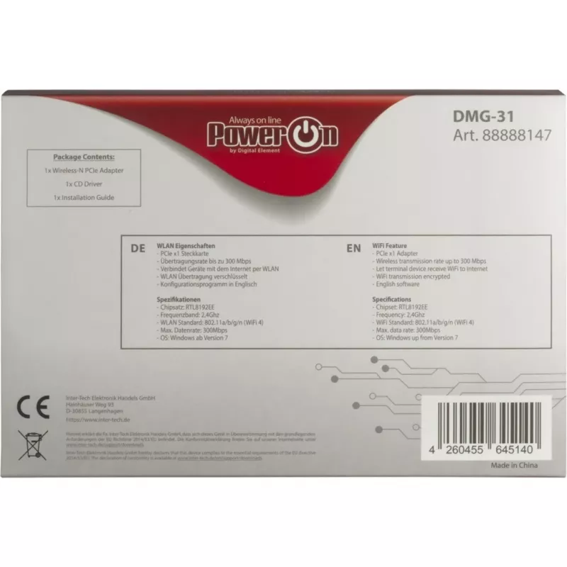 Inter-Tech DMG-31 - interná - bezdrôtová - PCI Express - Wi-Fi - Wi-Fi 4 (802.11n) - 300 Mbit/s (88888147)