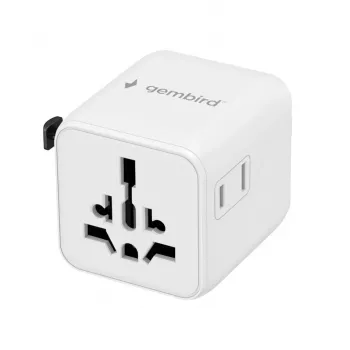 Univerzálny cestovný adaptér GEMBIRD TPA-INT-01-W — vstup 100–250 V, konektor Type-G, kompaktné rozmery 84×56×85 mm