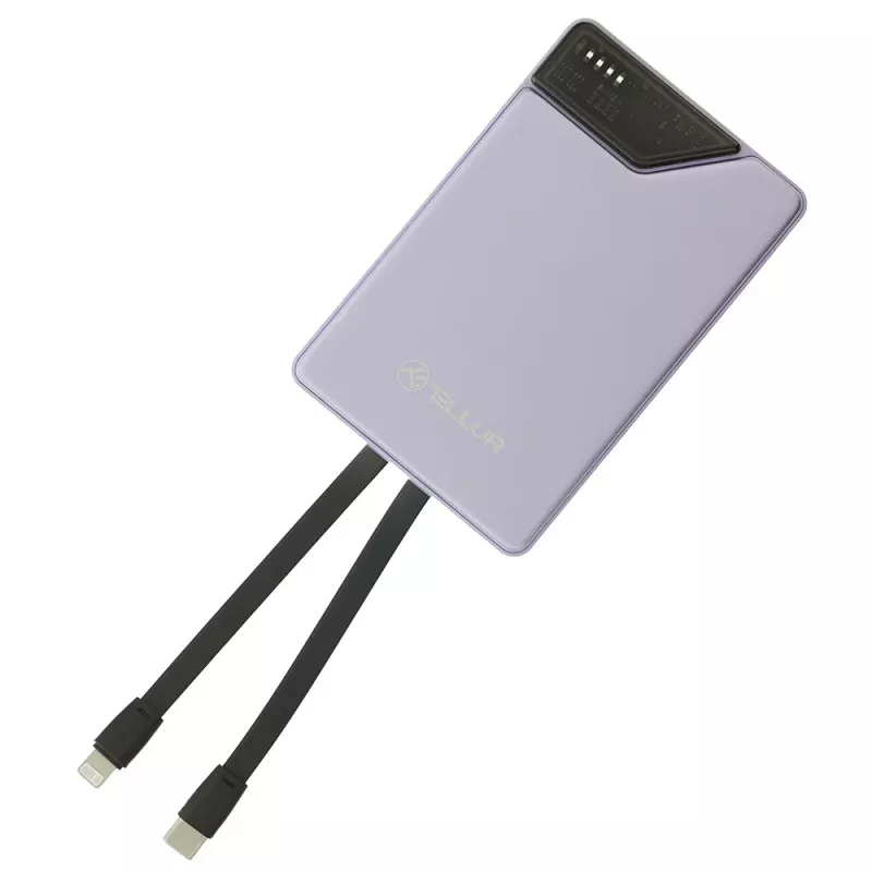 Prenosná powerbanka Tellur TLL158441, 10000 mAh, integrovaný USB-C a Lightning kábel, fialová