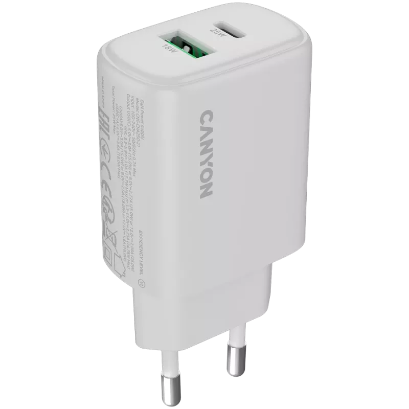 CANYON nabíjačka OnCharge 250 25W 1xPD 1xQC EU biela