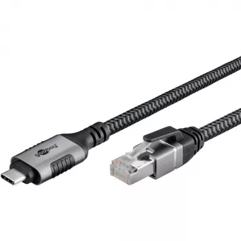 Ethernet kábel USB-C 3.2 Gen2 konektor samec > RJ-45 konektor samec, LAN adaptér čierny/strieborný, 1,5 metra, pletené textilné opláštenie