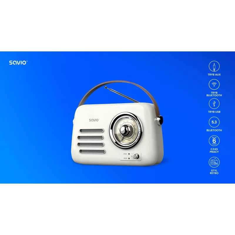 Prenosné rádio SAVIO RS-02 — analógový FM tuner, Bluetooth 5.3, napájanie USB, 3 W, biela