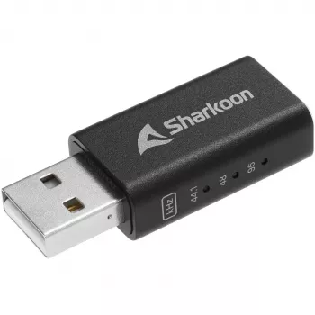 Interný USB Type-A na 3,5 mm DAC adaptér Sharkoon DAC Pro S — 2 V výstup, čierny, kompaktný (42 × 17,3 × 9,7 mm)