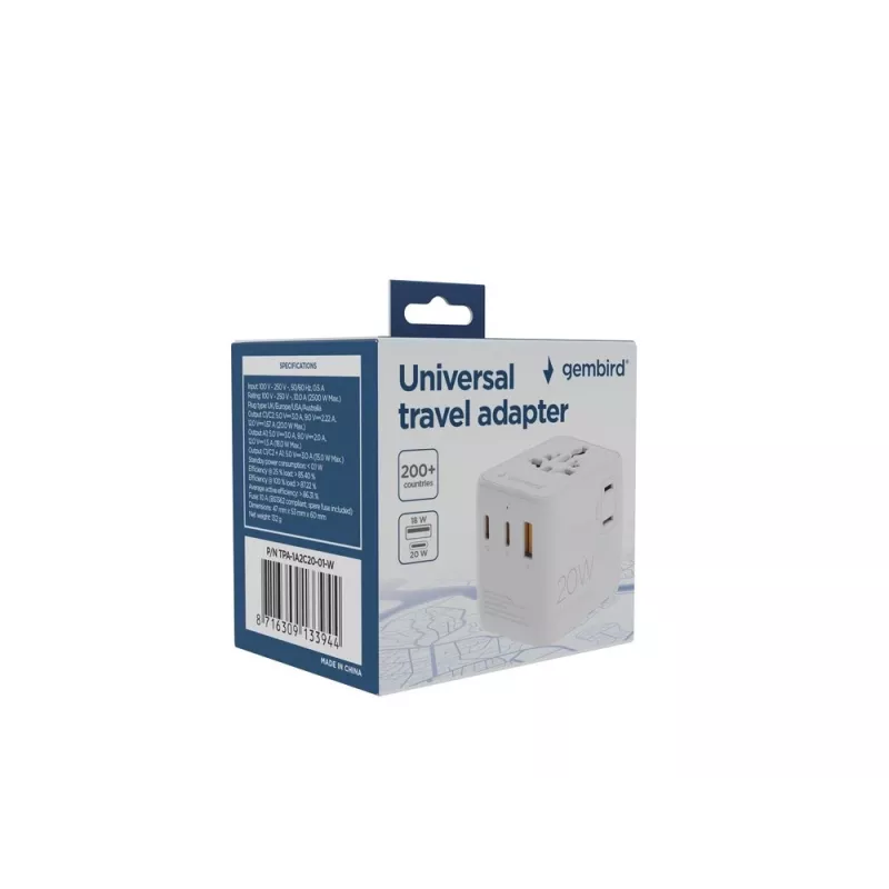 Cestovný napájací zdroj GEMBIRD TPA-1A2C20-01-W — 20 W, USB-A (18 W) + 2× USB-C (20 W), zástrčka typ E, biela