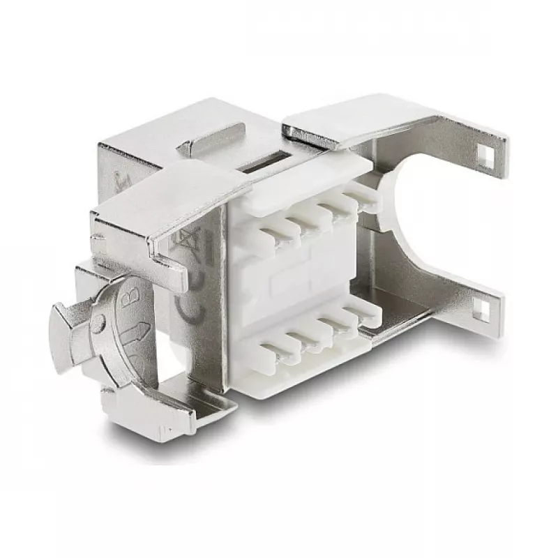 Keystone modul DELOCK RJ45 na LSA Cat.6A tienený bez nástroja, plochý, strieborný/biely, s krytkou proti prachu