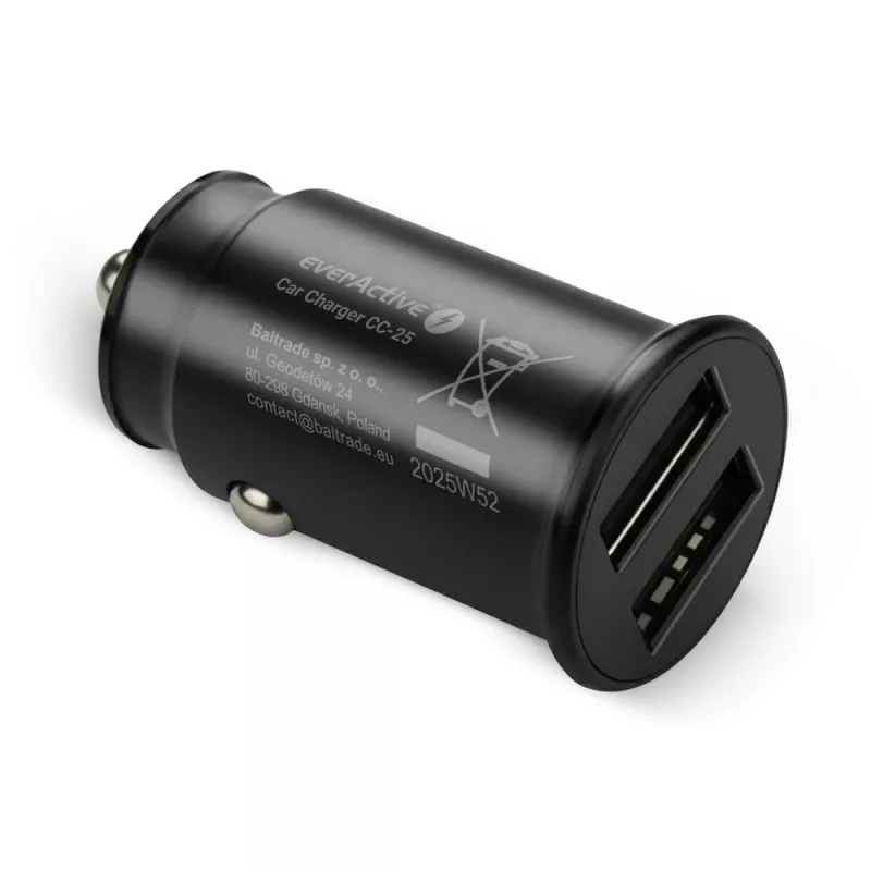 Auto nabíjačka everActive CC-25 — 2x USB port, celkový výkon 12W, 12V–24V palubné napätie