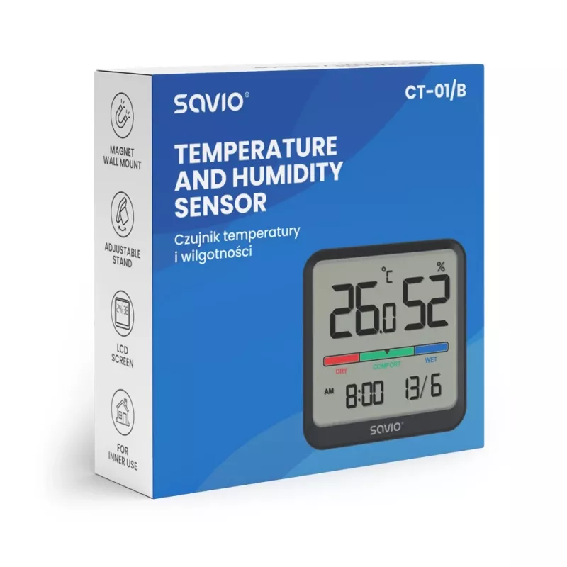 Savio CT-01/B bezdrôtový snímač teploty a vlhkosti do interiéru, LCD, hodiny, dátum, magnetický držiak, čierny
