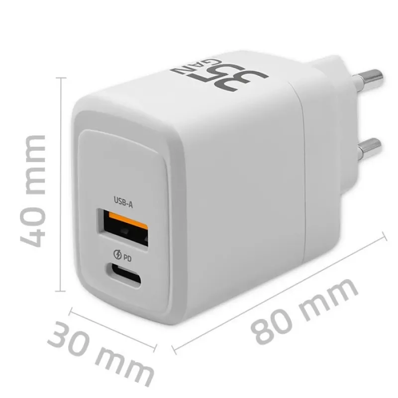 Nabíjačka QOLTEC 51824 GaN 35W USB-C PD & USB QC 3.0, 5–20V, 1x USB-C, 1x USB-A