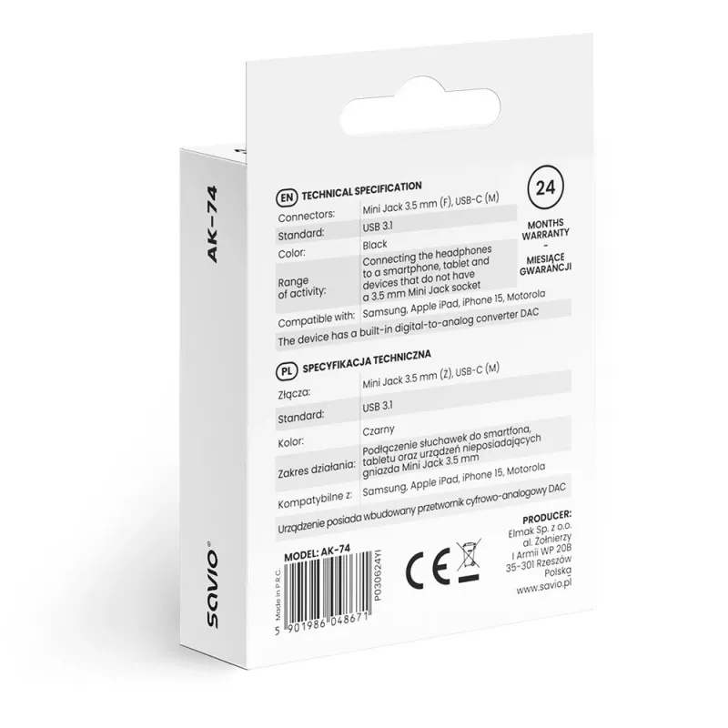 Adaptér audio USB-C Jack 3,5mm AK-74
