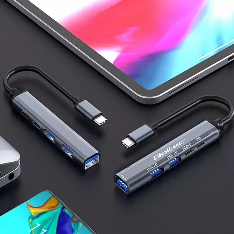 Qoltec 53790 Hub adaptér USB-C 3.1 5in1 | USB-C PD | USB-C | 2x USB 2.0 | USB 3.0
