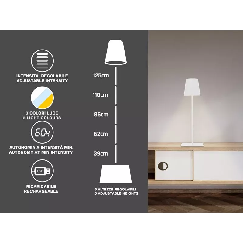 Beper P201UTP404 nabíjateľná LED stojaca lampa, nastaviteľná výška, 2,5 W, stmievateľná, kovová, biela