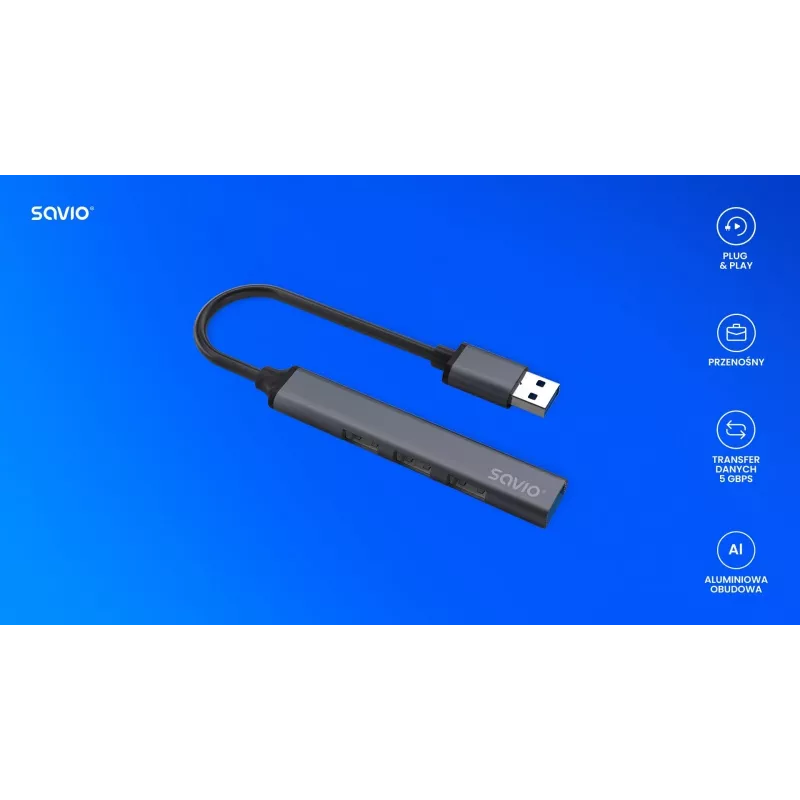 Savio AK-70 rozbočovač USB-A, 4 v 1: 3 x USB-A 2.0 + 1 x USB-A 3.1 Gen 1, 5 Gbps