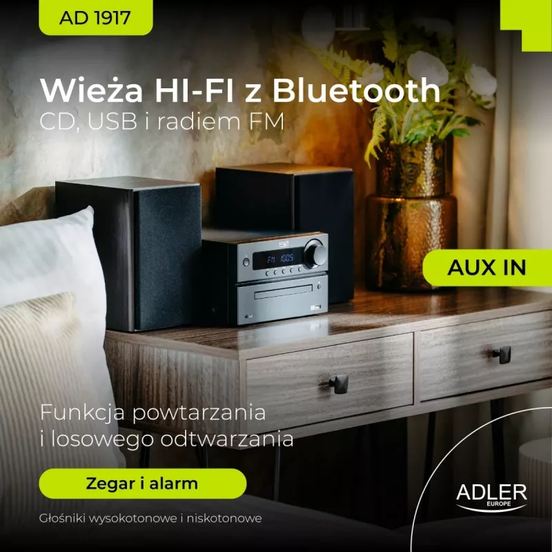 Mini Hi‑Fi stereo systém Adler AD 1917 — Bluetooth V5.3, CD/USB/MP3, 2×25 W RMS, FM tuner, 4‑pásmový ekvalizér, AUX, čierny