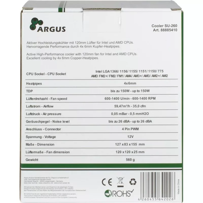 Inter-Tech Argus SU-260 - procesor - chladič - 12 cm - LGA 1150 (Socket H3) - LGA 1151 (Socket H4) - LGA 1155 (Socket H2) - LGA 1156 (Socket H) - LGA 775... - AMD A - Intel® Celero