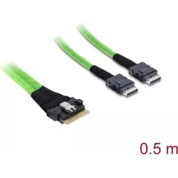 Interný PCIe 4.0 kábel DELOCK slim SAS SFF-8654 8i na 2× OCuLink SFF-8611 4i 0,5 m