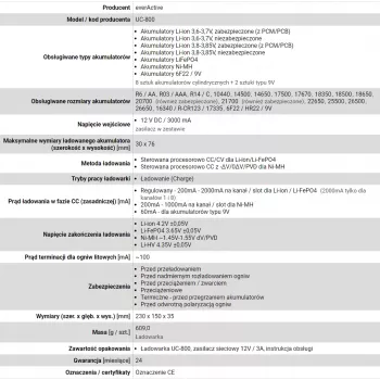Nabíjačka batérií everActive UC-800 AC 12V 3A — pre LiFePO4/LiPo/NiMH, podporuje AA/AAA/9V, až 10 batérií, 12 V vstup, vstavaný displej, čierna