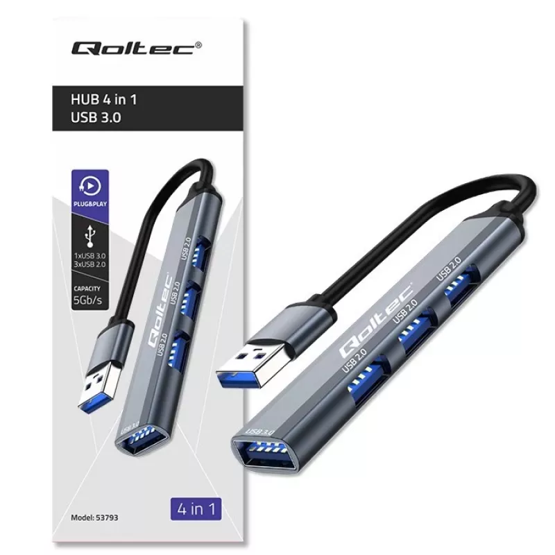 USB hub QOLTEC 53793 — USB 3.0 vstup, 3× USB 2.0 porty
