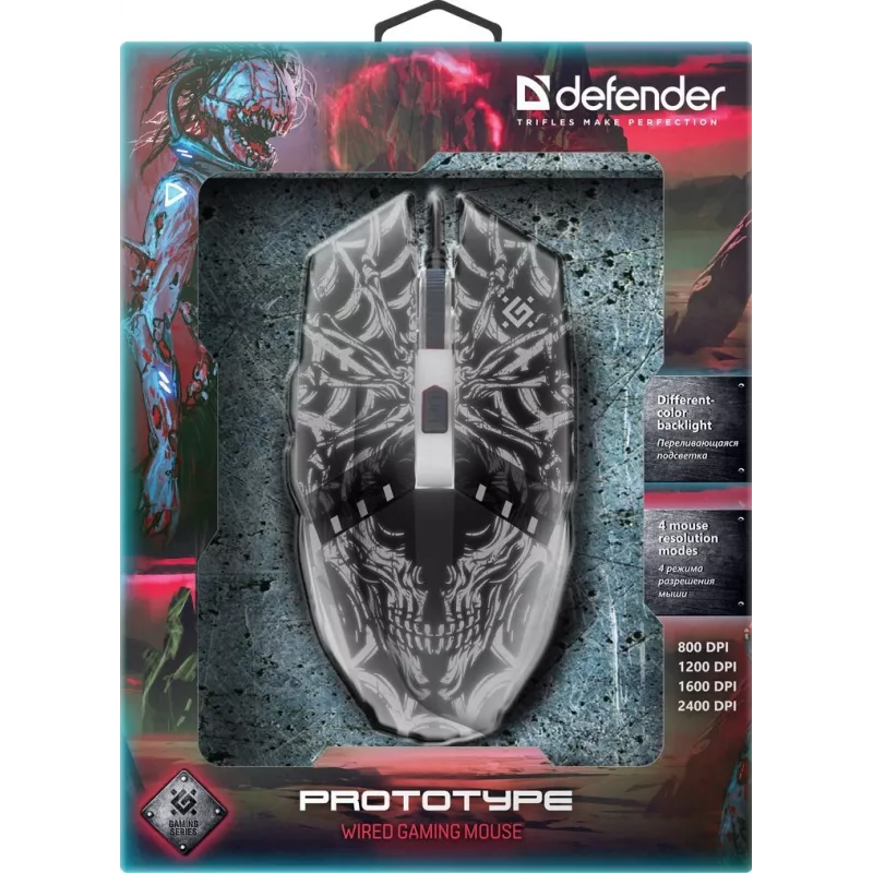 Defender PROTOTYPE GM-670L herná myš, optická, 2400 DPI, drôtová USB, pre pravákov aj ľavákov, podsvietená, čierna