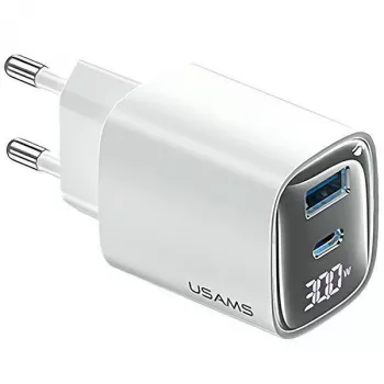 USB a USB-C 30W GaN rýchlonabíjačka usams CC229 biela — LED indikátor, kompaktný dizajn