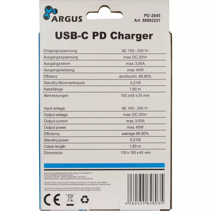 Nabíjačka Inter-Tech PD-2045 univerzálna čierna AC pre interiér 20V USB-C