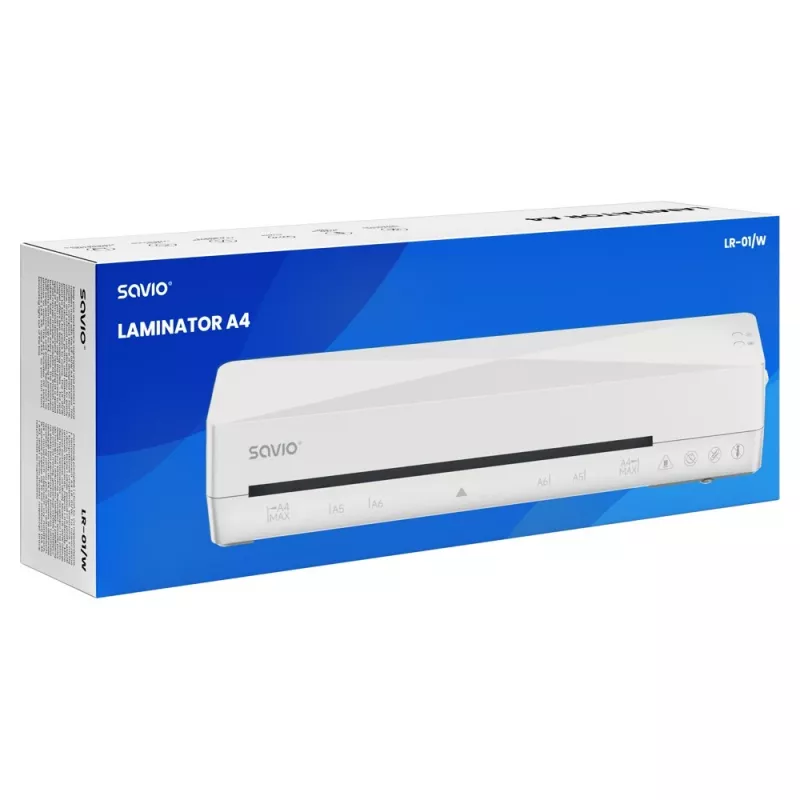 Laminovačka na studenú/teplú lamináciu SAVIO LR-01/W — max. šírka 230 mm, 320 mm/min, 300 W, biela