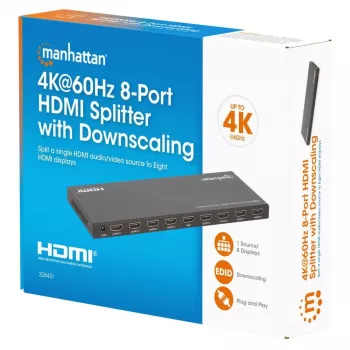 Manhattan 4K@60Hz 8-port HDMI rozbočovač s downscaling, distribuuje jeden HDMI vstupný signál na osem HDMI výstupov (1x8), 18G, EDID prepínač pre downscaling, čierny