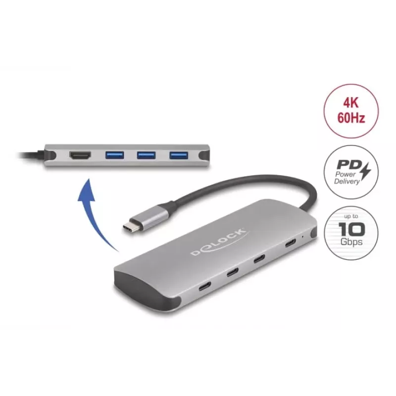 USB-C hub DELOCK 64323 — USB 3.2 Gen 2 Type-C host, HDMI + 2× USB-A + 2× USB-C, 10 Gbit/s, sivý