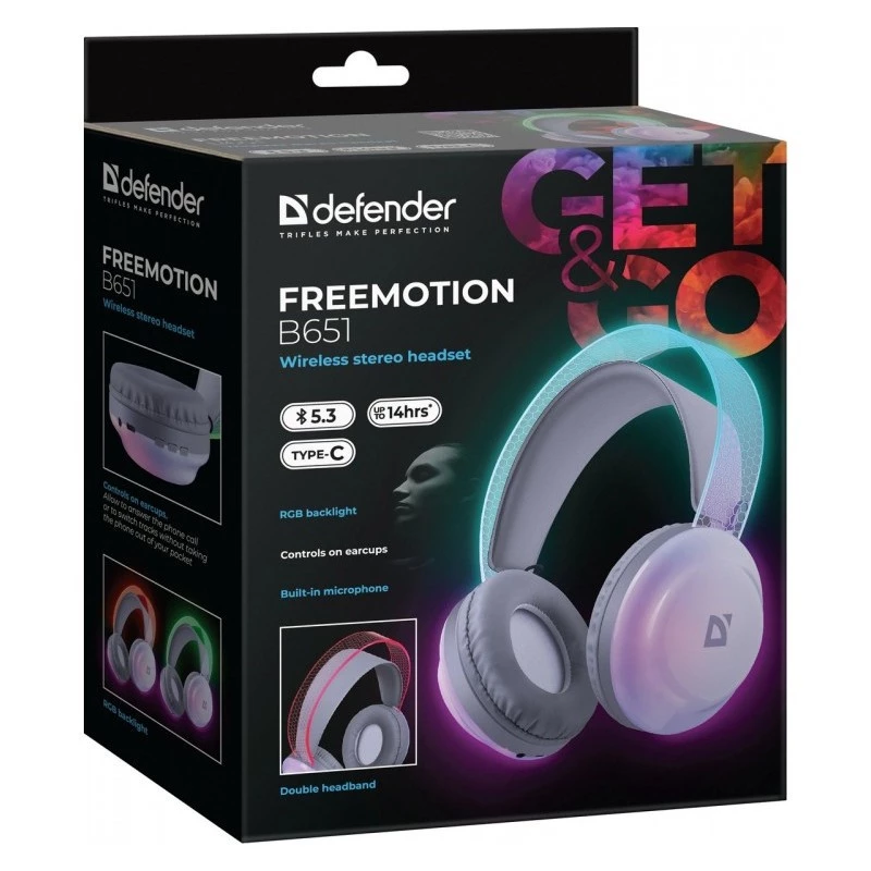 Defender FreeMotion B651 63651 bezdrôtové slúchadlá na uši, Bluetooth 5.3, RGB podsvietenie, 20–20000 Hz, 105 dB, USB-C, AUX, biele