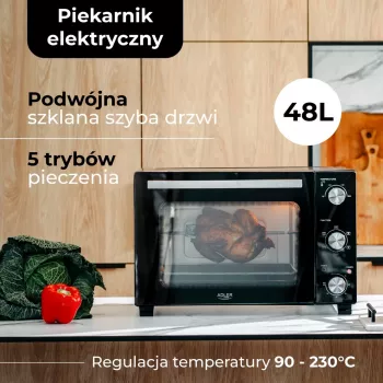 Elektrická kompaktná stolová rúra Adler AD 6026 – objem 48 l, 1800 W, voľne stojaca, mechanický časovač